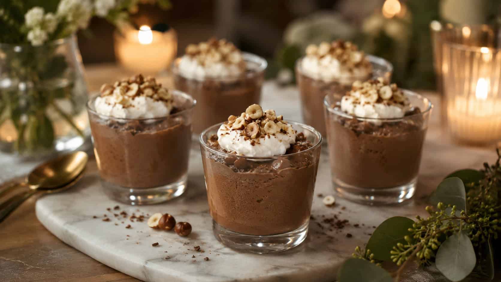 chocolate hazelnut mousse in small glasses topped with cream and chopped hazelnuts arranged in a wide horizontal shot on an elegant table, soft candlelight and greenery nearby, shallow depth of field, landscape orientation