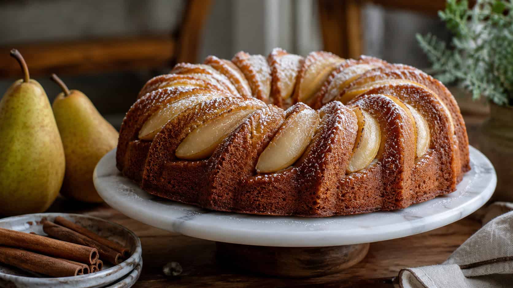 a spiced pear bundt cake dusted with powdered sugar with pear slices on top arranged in a wide horizontal shot on a cake stand, cinnamon sticks and pears nearby, warm natural light, shallow depth of field, landscape orientation