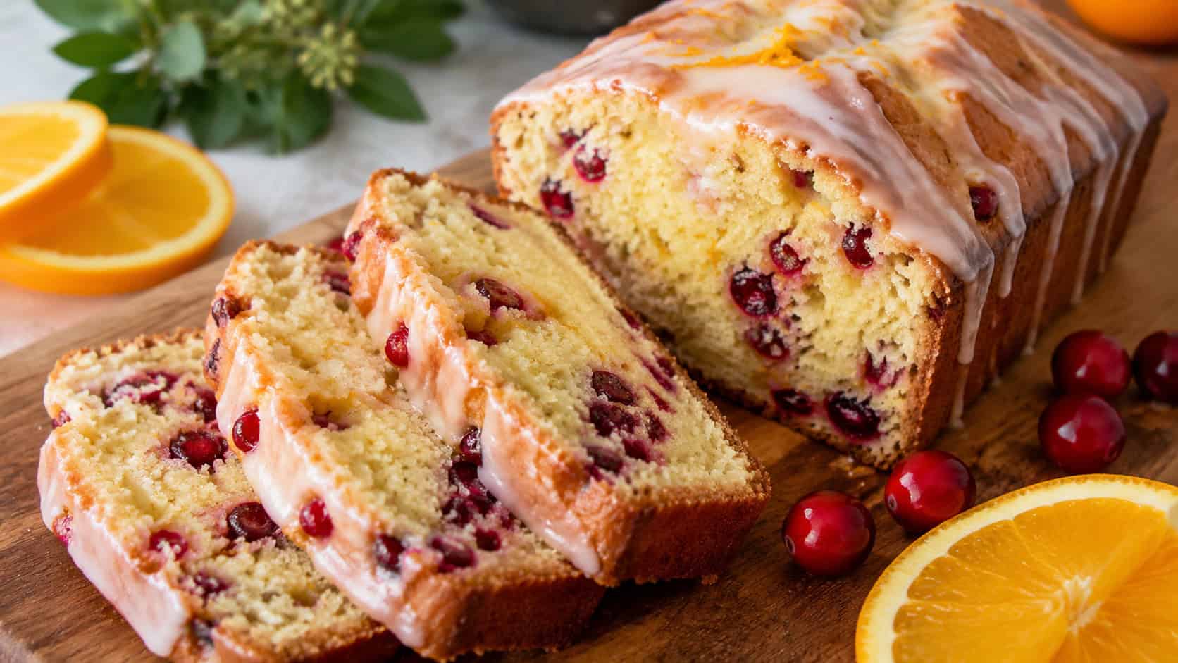 a sliced cranberry orange loaf with a citrus glaze and red cranberries arranged in a wide horizontal shot on a wooden board, orange slices and greenery nearby, bright natural light, shallow depth of field, landscape orientation