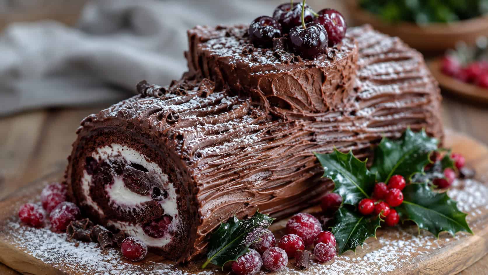 a Black Forest chocolate yule log with bark-textured frosting, cherries, and powdered sugar snow arranged in a wide horizontal shot on a serving board, holly and cranberries as garnish, soft natural light, shallow depth of field, landscape orientation