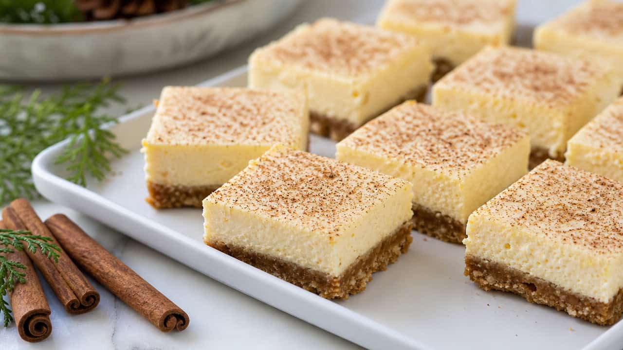 eggnog cheesecake bars dusted with nutmeg arranged in a wide horizontal shot on a white plate, cinnamon sticks and greenery nearby, soft natural light, shallow depth of field, landscape orientation
