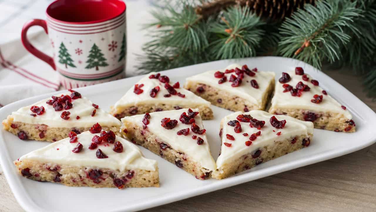 cranberry bliss bar triangles topped with cream cheese frosting and dried cranberries arranged in a wide horizontal shot on a serving plate, holiday mug and pine sprigs nearby, bright natural light, shallow depth of field, landscape orientation