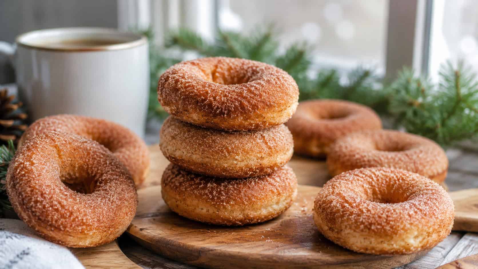 cinnamon sugar baked donuts stacked and scattered arranged in a wide horizontal shot on a wooden board, a mug of coffee and pine sprigs nearby, bright morning light, shallow depth of field, landscape orientation