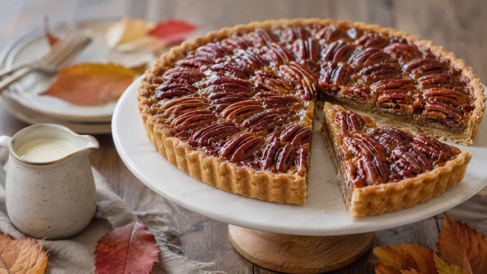 a maple pecan tart with a glossy pecan top and one slice cut arranged in a wide horizontal shot on a cake stand, a small jug of cream and autumn leaves nearby, warm natural light, shallow depth of field, landscape orientation