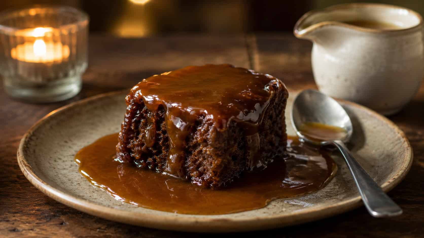 a warm sticky toffee pudding portion drenched in glossy toffee sauce arranged in a wide horizontal shot on a rustic plate, a jug of cream and a spoon nearby, warm candlelight, shallow depth of field, landscape orientation