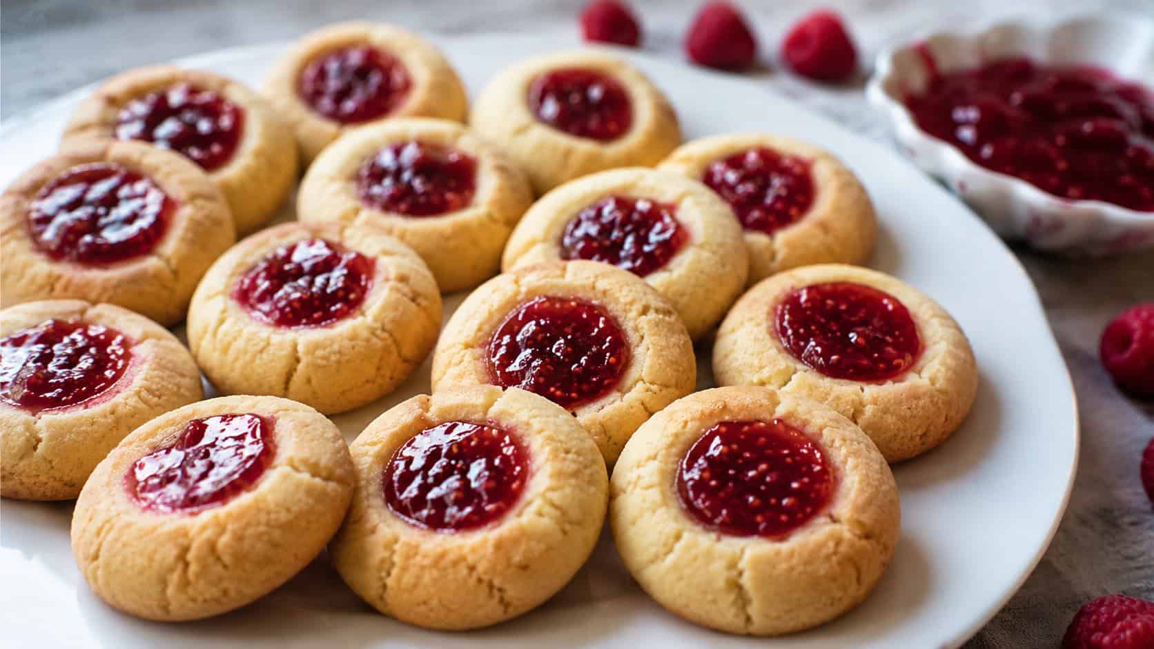golden thumbprint cookies filled with bright red raspberry jam arranged wide on a white plate, a small dish of jam nearby, soft natural light, shallow depth of field, landscape orientation