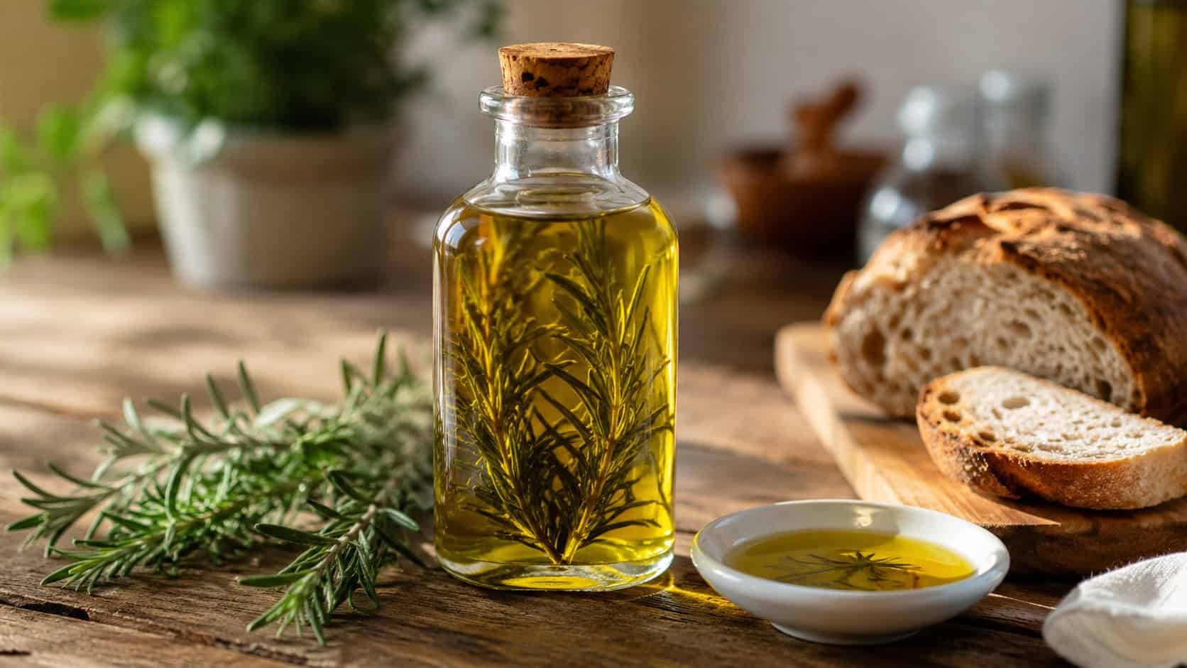 a clear glass bottle of golden rosemary-infused olive oil shown wide on a wooden table, fresh rosemary sprigs and a small dish of oil with bread nearby, warm natural light, shallow depth of field, horizontal landscape composition