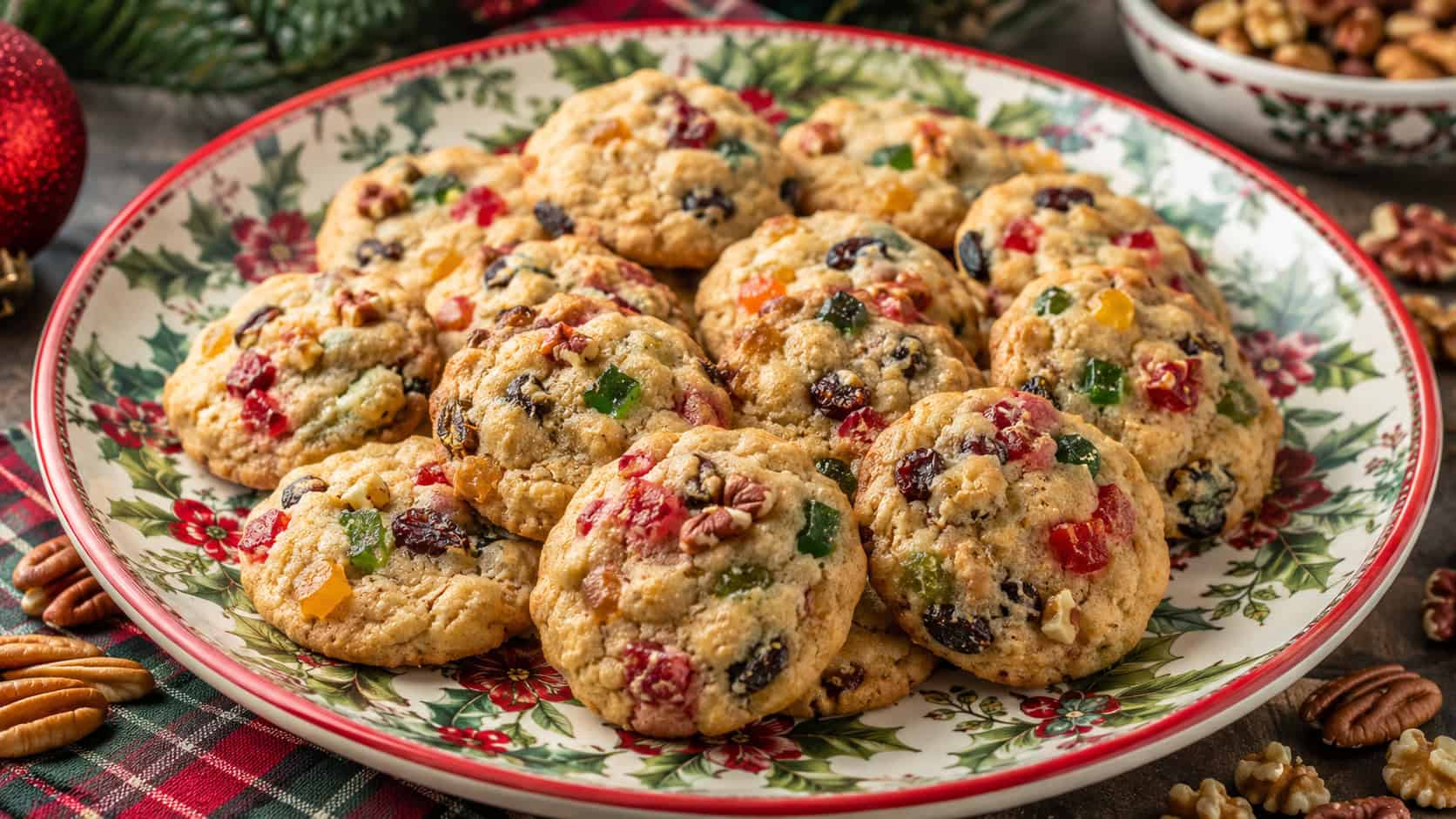 chewy fruitcake cookies dotted with colorful candied fruit spread wide on a festive plate, scattered nuts nearby, warm natural light, shallow depth of field, landscape orientation