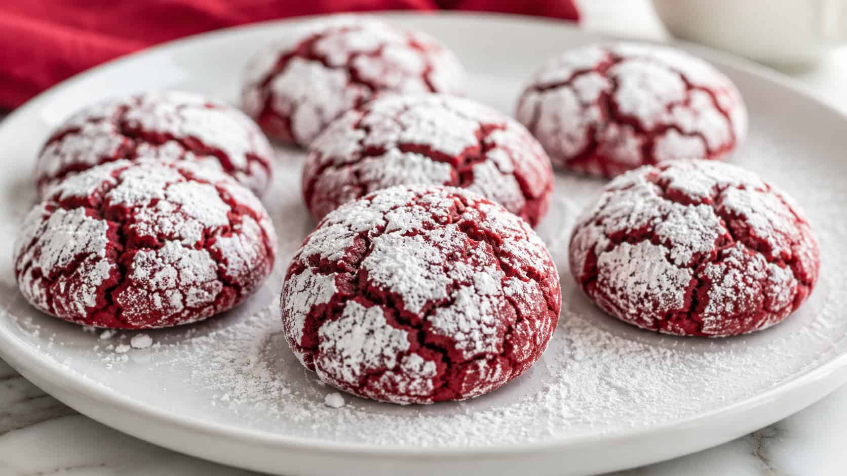 deep red crinkle cookies coated in cracked powdered sugar arranged wide on a white plate, a light dusting of sugar around them, bright natural light, shallow depth of field, landscape orientation