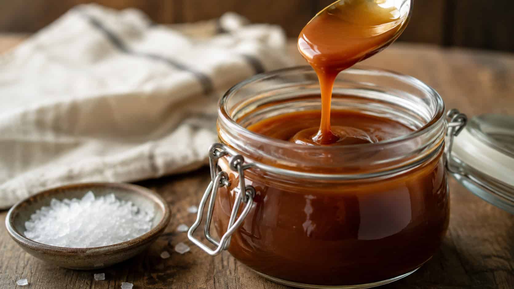 a jar of glossy amber caramel sauce with a spoon drizzling it, shown wide on a wooden table beside a small dish of flaky salt, warm natural light, shallow depth of field, horizontal landscape composition