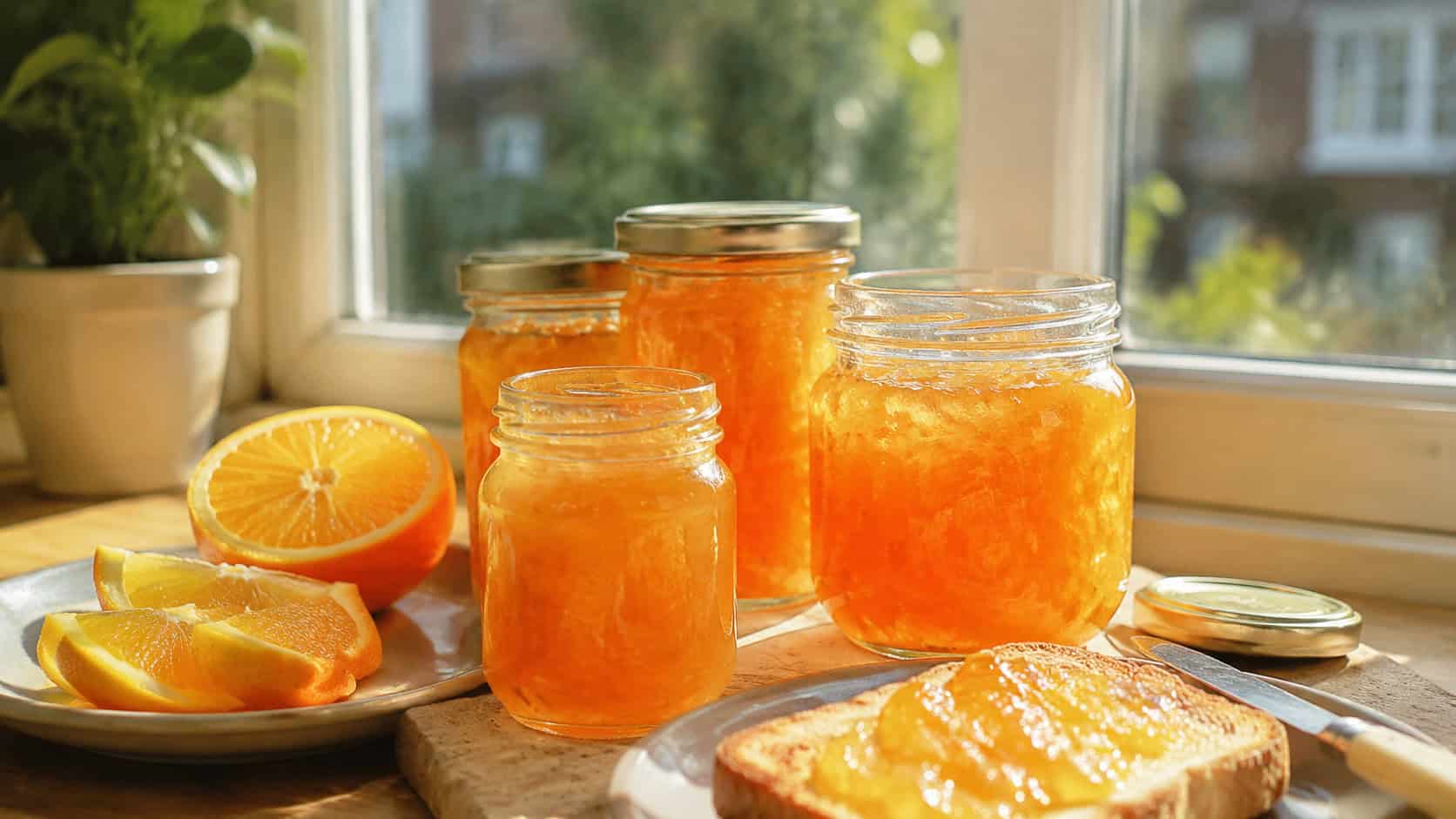 jars of glowing orange marmalade shown wide on a sunny windowsill, fresh orange slices and a piece of toast nearby, bright natural light, shallow depth of field, horizontal landscape composition