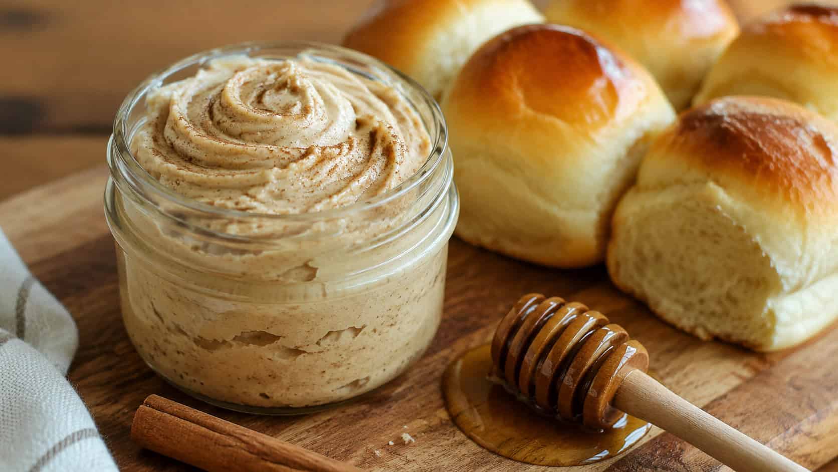 a jar of whipped honey cinnamon butter shown wide on a wooden board beside warm dinner rolls, a drizzle of honey and a cinnamon stick nearby, warm natural light, shallow depth of field, horizontal landscape composition