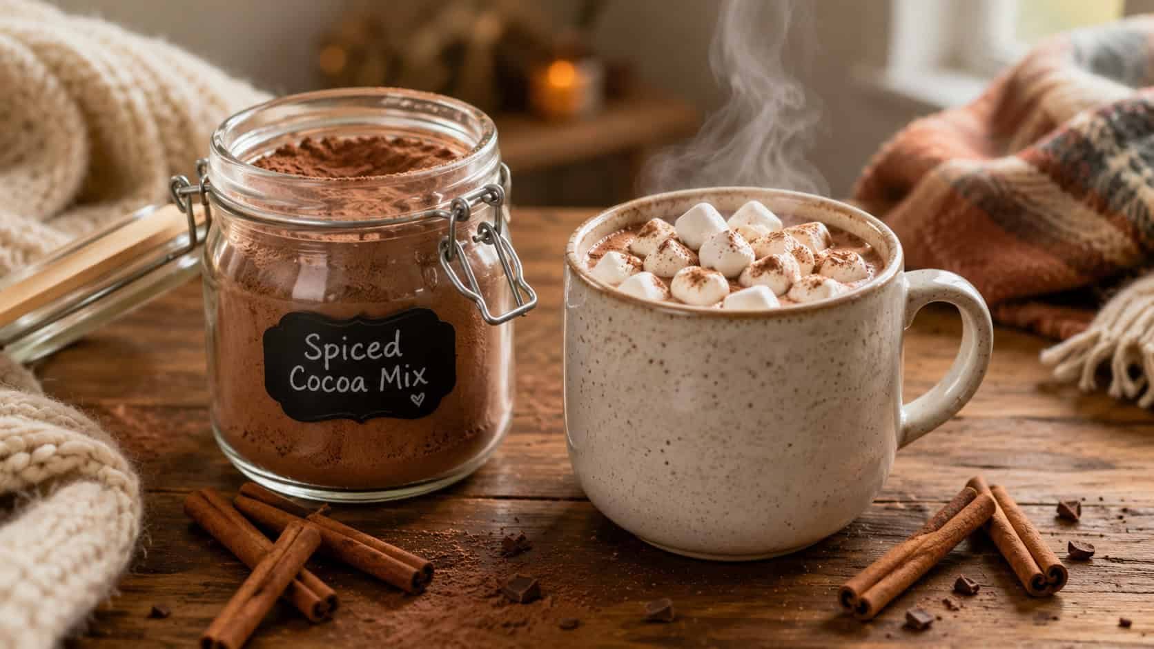 a jar of spiced cocoa mix beside a steaming mug topped with marshmallows shown wide across a cozy wooden table, cinnamon sticks scattered nearby, warm natural light, shallow depth of field, horizontal landscape composition