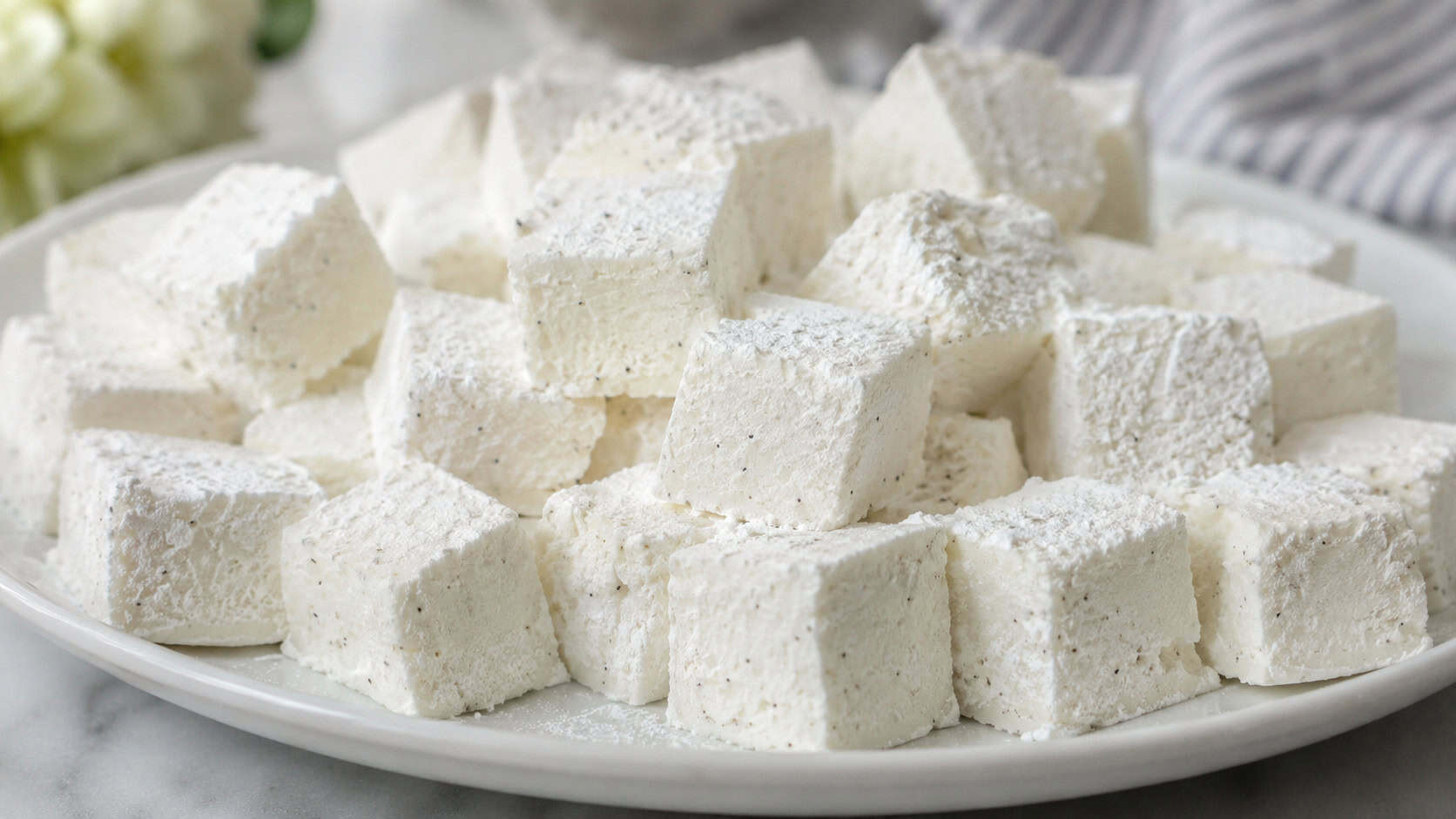 fluffy vanilla bean marshmallow cubes dusted with powdered sugar piled wide on a white plate, a few flecks of vanilla visible, soft natural light, shallow depth of field, landscape orientation