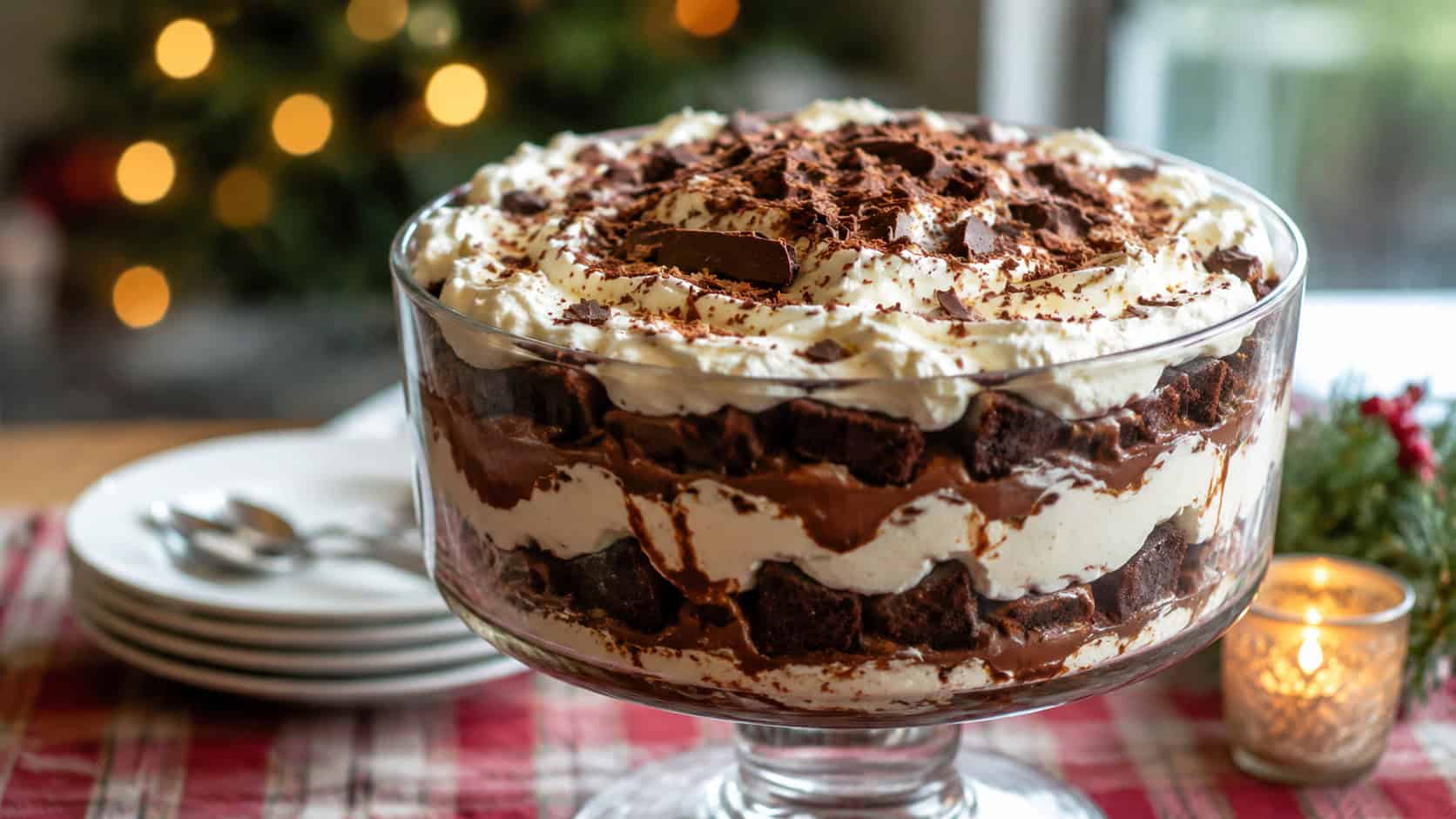 a layered Nutella brownie trifle in a tall glass bowl showing dark brownie chunks, swirls of cream, and chocolate shavings, in a wide horizontal shot on a festive table with soft blurred lights behind, natural light, shallow depth of field, landscape orientation