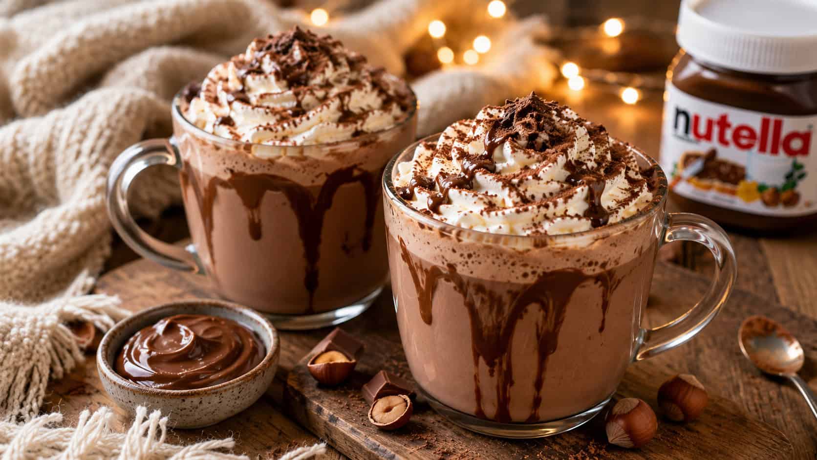 two mugs of creamy Nutella hot chocolate topped with swirls of whipped cream and a dusting of cocoa, in a wide horizontal shot on a cozy wooden table with a soft blanket and warm string lights blurred behind, natural light, shallow depth of field, landscape orientation