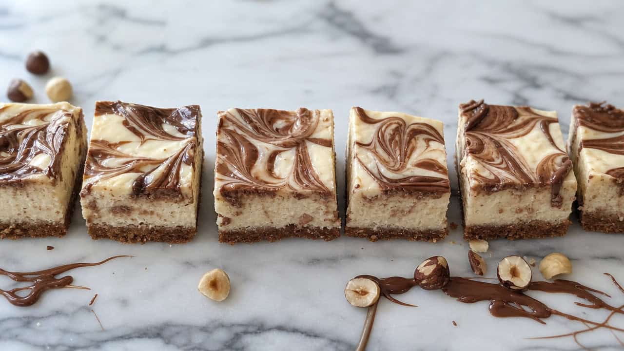 Nutella cheesecake bars with marbled swirled tops, sliced and arranged in a wide horizontal line on a marble surface with a drizzle of chocolate-hazelnut spread, a few hazelnuts scattered nearby, soft natural light, shallow depth of field, landscape orientation