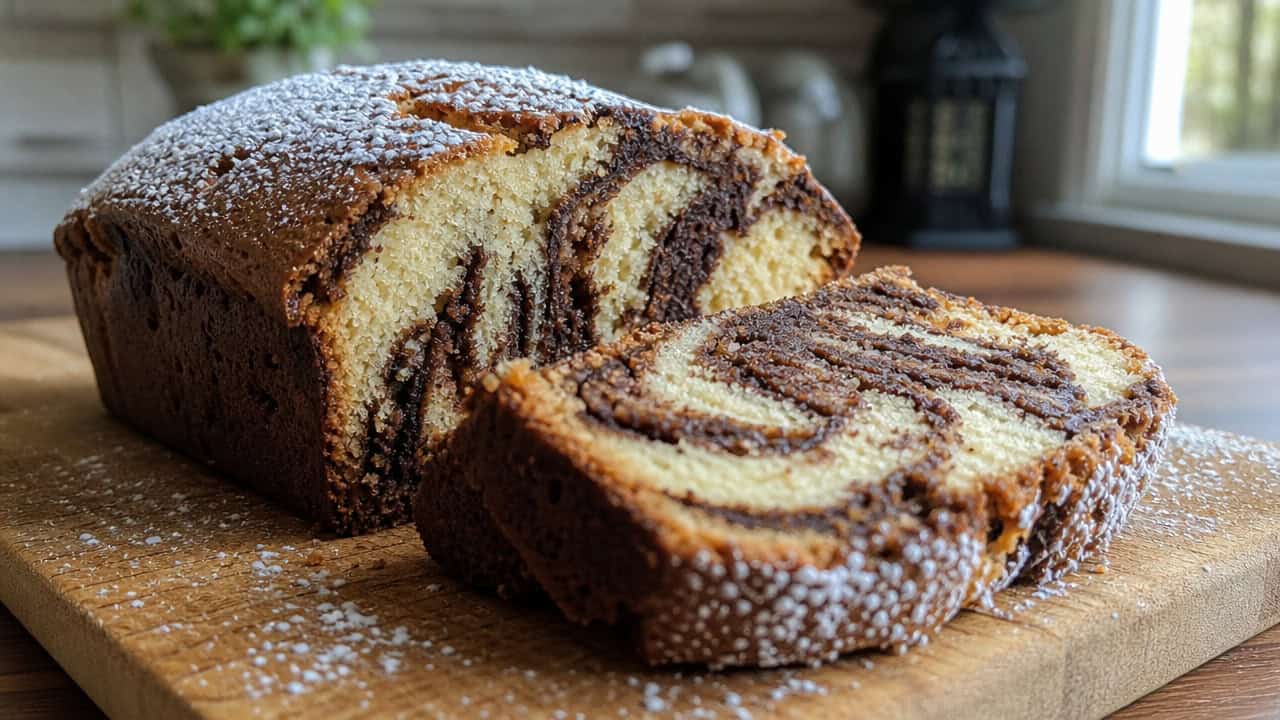 a Nutella swirl pound cake sliced to reveal dark chocolate marbling inside, in a wide horizontal shot on a wooden cutting board with a dusting of powdered sugar, natural light from the side, shallow depth of field, landscape orientation