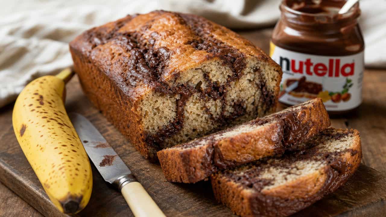 a loaf of Nutella banana bread sliced to show chocolate swirls inside, in a wide horizontal shot on a rustic wooden board with a ripe banana and a butter knife nearby, warm natural light, shallow depth of field, landscape orientation
