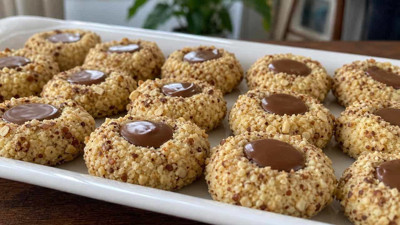 a tray of thumbprint cookies rolled in chopped hazelnuts with a glossy pool of chocolate-hazelnut spread in each center, in a wide horizontal arrangement on a white ceramic plate, soft natural light, shallow depth of field, landscape orientation