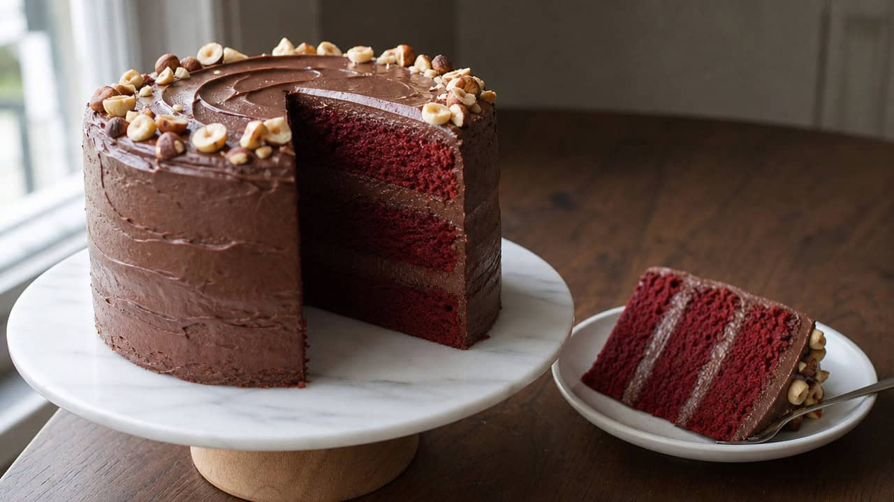 a tall sliced red velvet cake with glossy chocolate-hazelnut frosting between deep crimson layers, in a wide horizontal shot on a cake stand with one slice on a plate beside it, soft natural light, shallow depth of field, landscape orientation