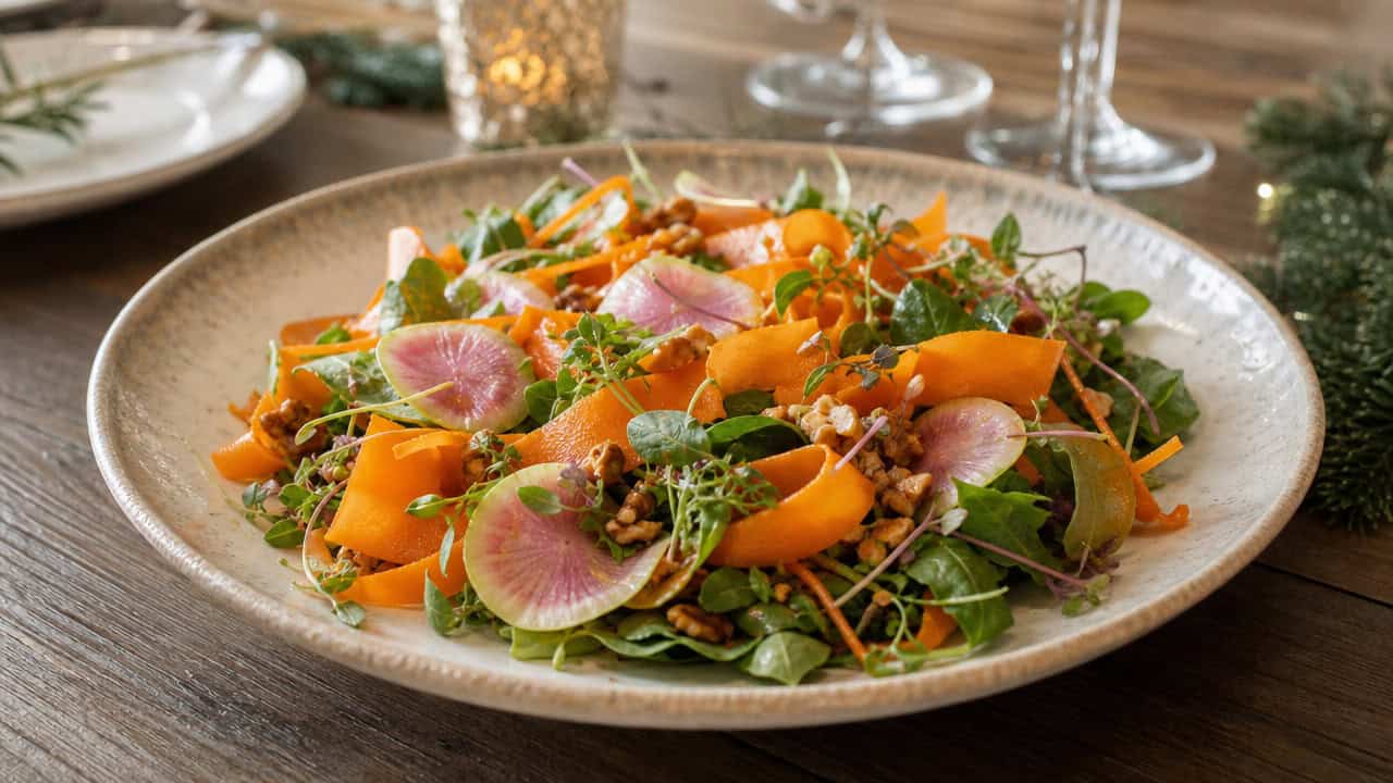 a delicate salad with curly orange carrot ribbons, pink radish slices, and chopped toasted nuts over greens in a wide horizontal shot, on a rustic plate on a festive table, natural light, shallow depth of field, landscape orientation