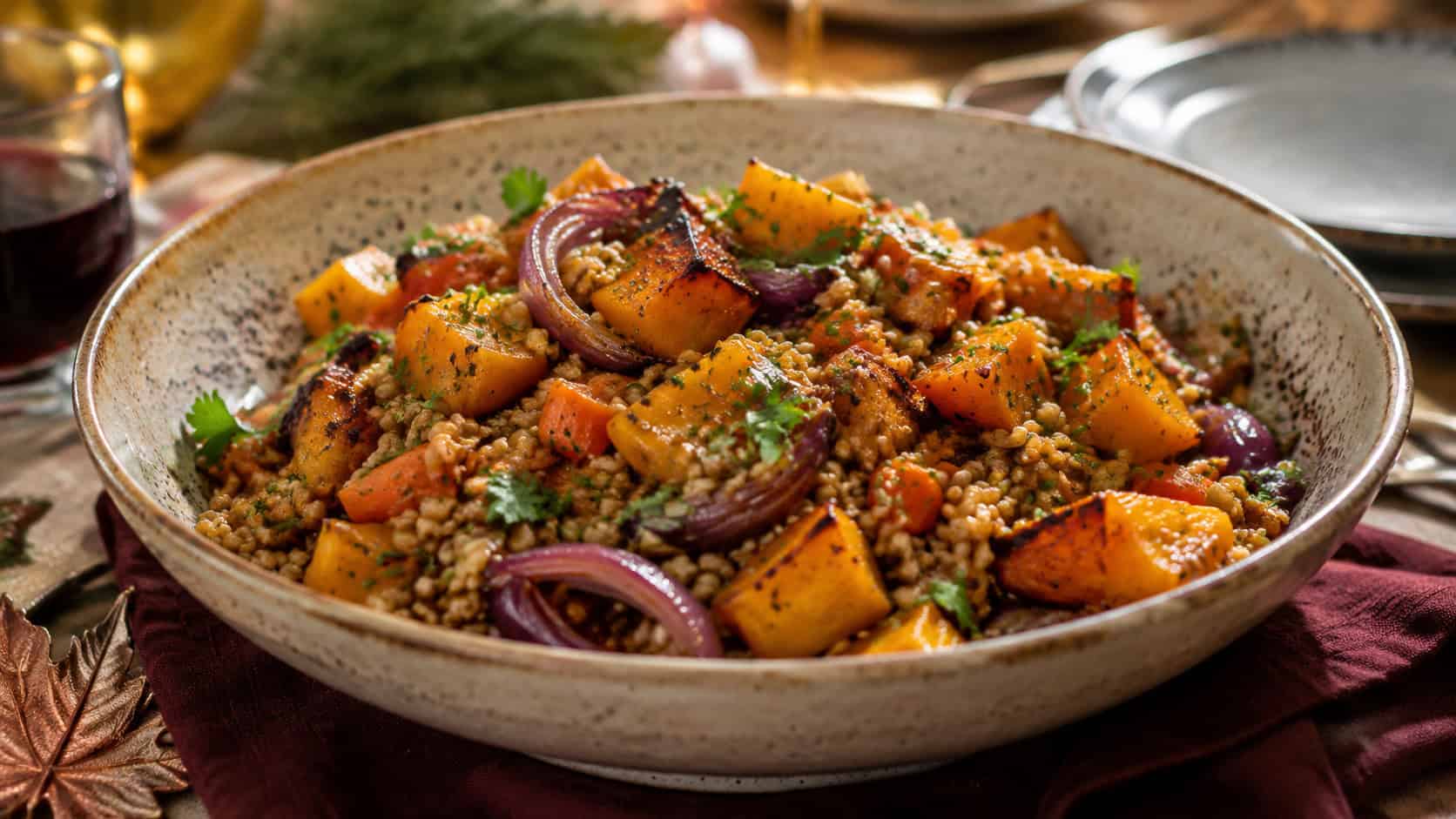 a warm farro salad with caramelized roasted butternut squash, carrots, and red onion in a wide horizontal shot, in a rustic bowl on a holiday table, fresh parsley on top, natural light, shallow depth of field, landscape orientation