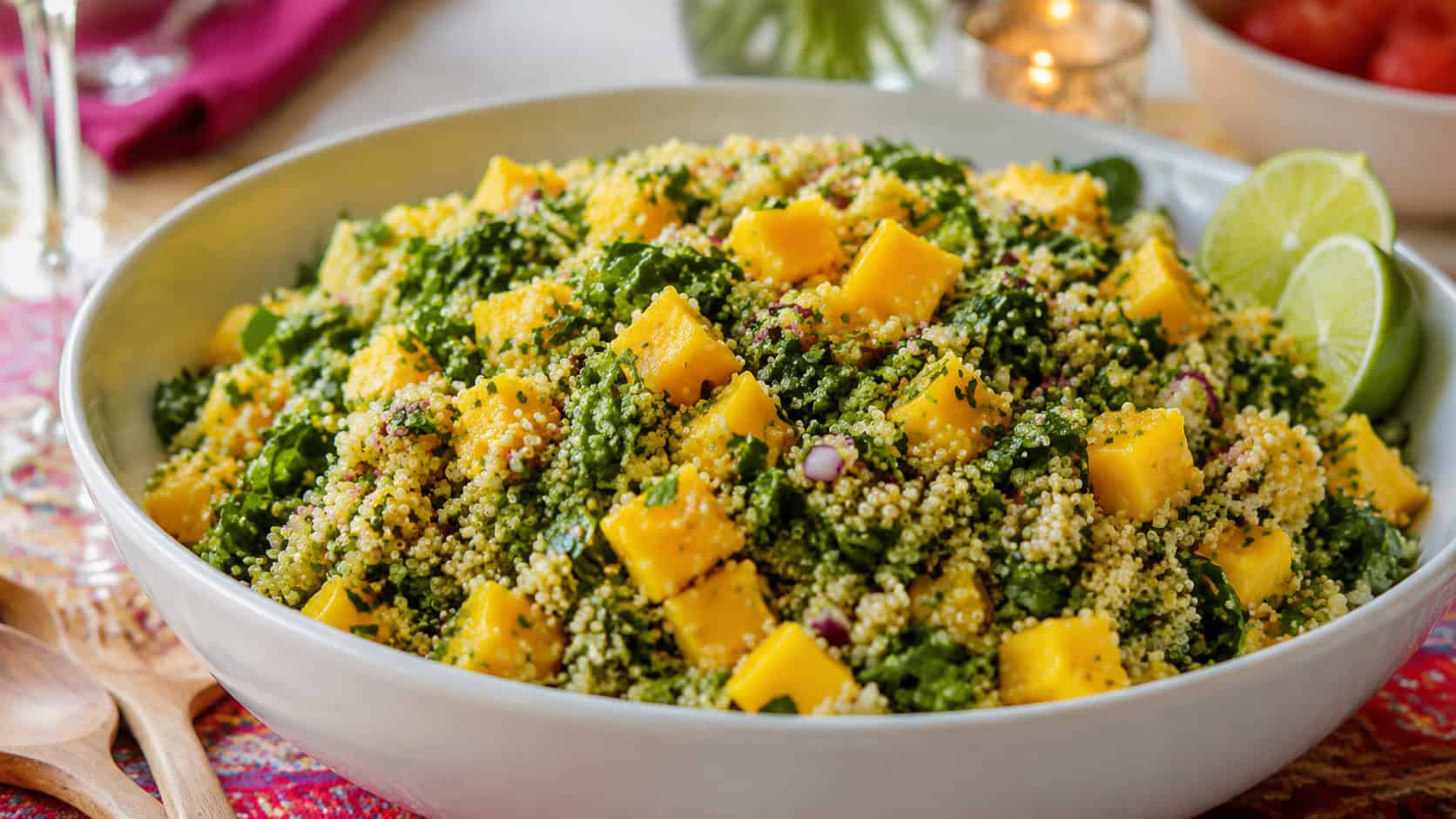 a bright quinoa salad with golden mango chunks and chopped green spinach in a wide horizontal shot, in a serving bowl on a festive table, lime wedge on the side, natural light, shallow depth of field, landscape orientation