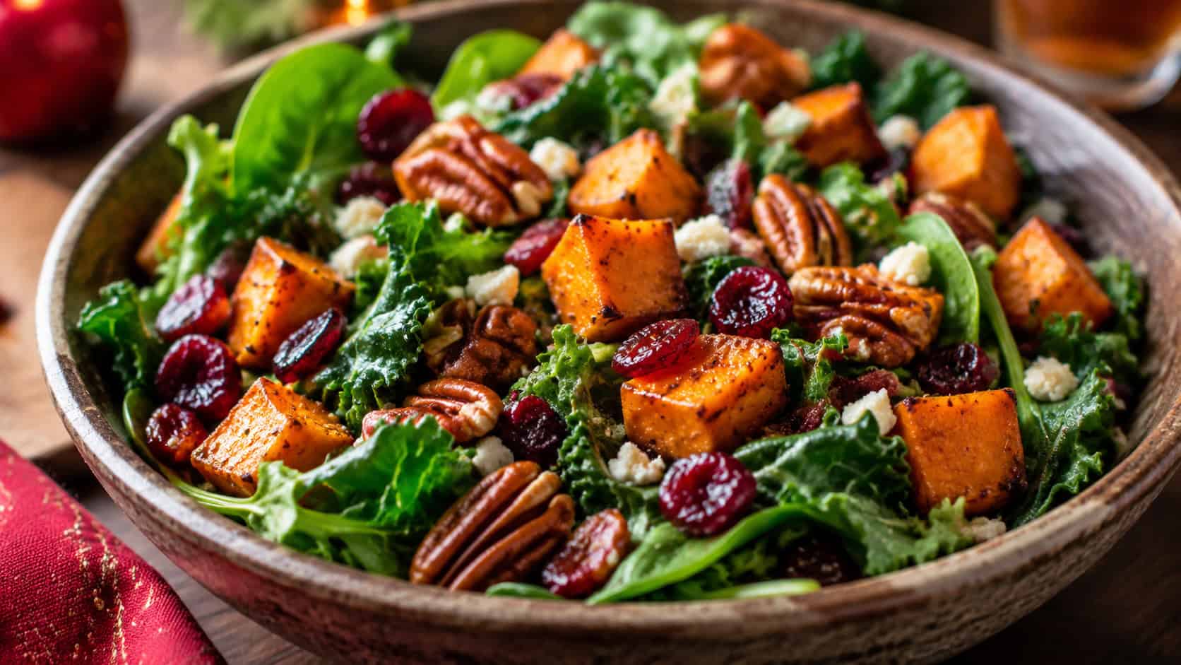 a salad with roasted spiced sweet potato cubes, toasted pecans, and red cranberries over greens in a wide horizontal shot, in a rustic bowl on a festive table, natural light, shallow depth of field, landscape orientation