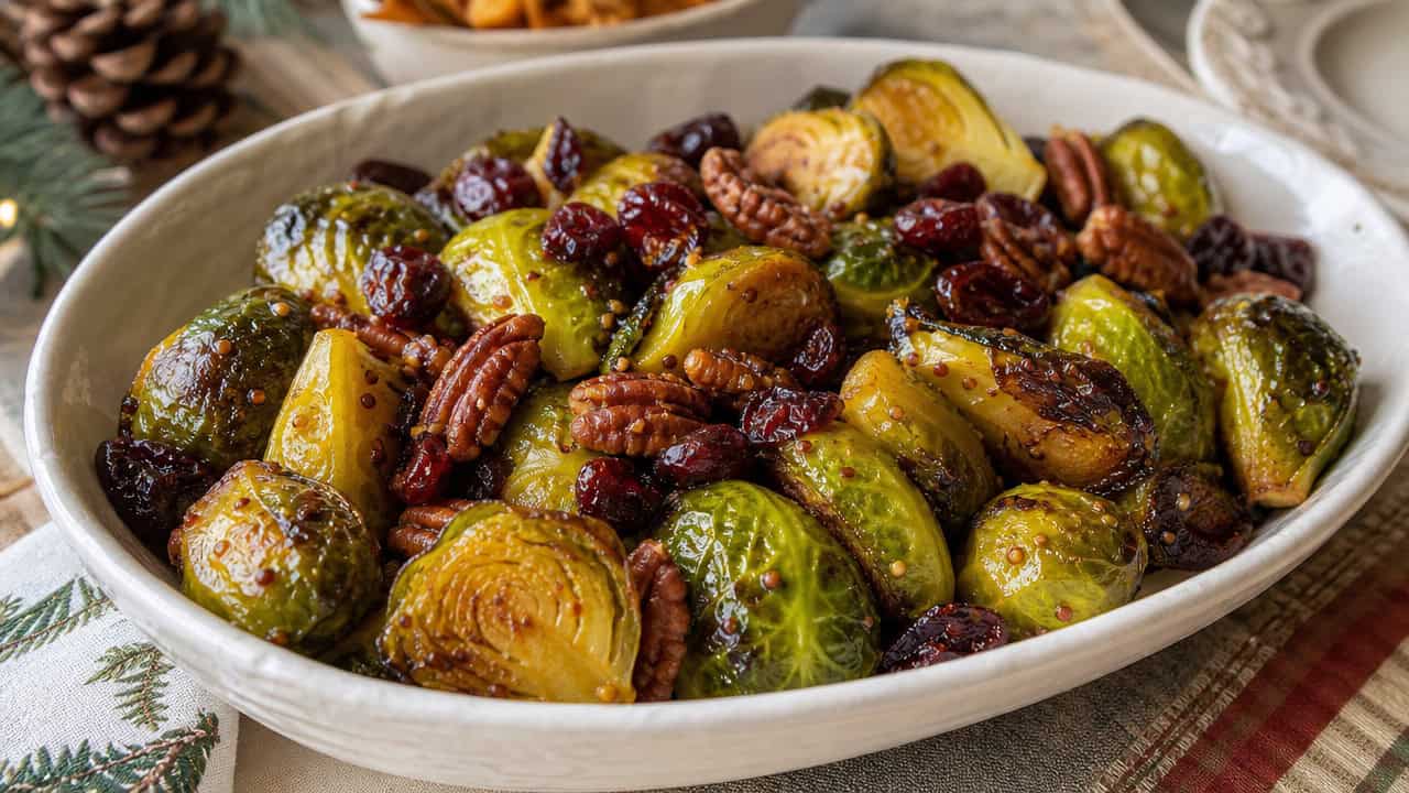 warm roasted Brussels sprouts glazed with maple Dijon, scattered with toasted pecans and dried cherries in a wide horizontal shot, in a serving bowl on a festive table, natural light, shallow depth of field, landscape orientation