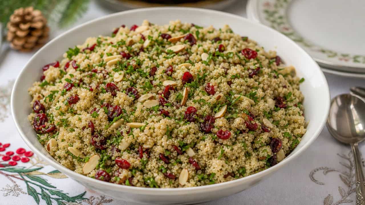 a fluffy quinoa salad studded with red cranberries, slivered almonds, and green parsley in a wide horizontal shot, in a serving bowl on a festive table, natural light, shallow depth of field, landscape orientation