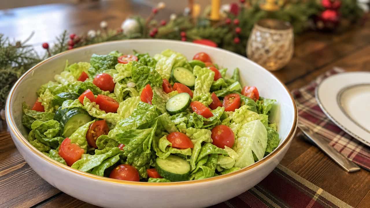 a colorful green salad with red cherry tomatoes, red bell pepper, and cucumber slices in a wide horizontal shot, in a large bowl on a festive holiday table, natural light, shallow depth of field, landscape orientation