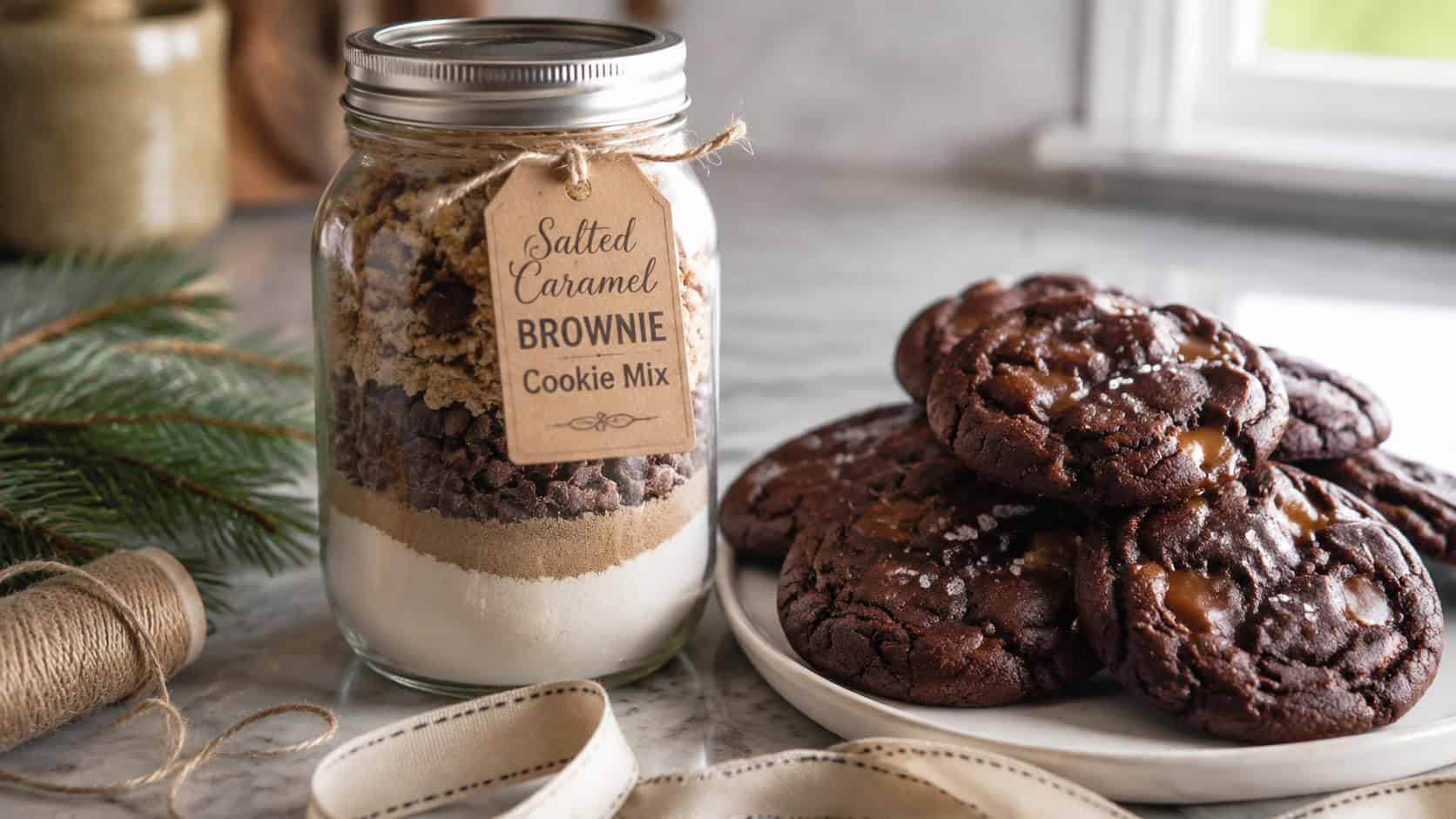 a mason jar of salted caramel brownie cookie mix beside fudgy salt-topped cookies in a wide horizontal shot, on a marble counter with twine, ribbon, and pine sprigs, natural light, shallow depth of field, landscape orientation