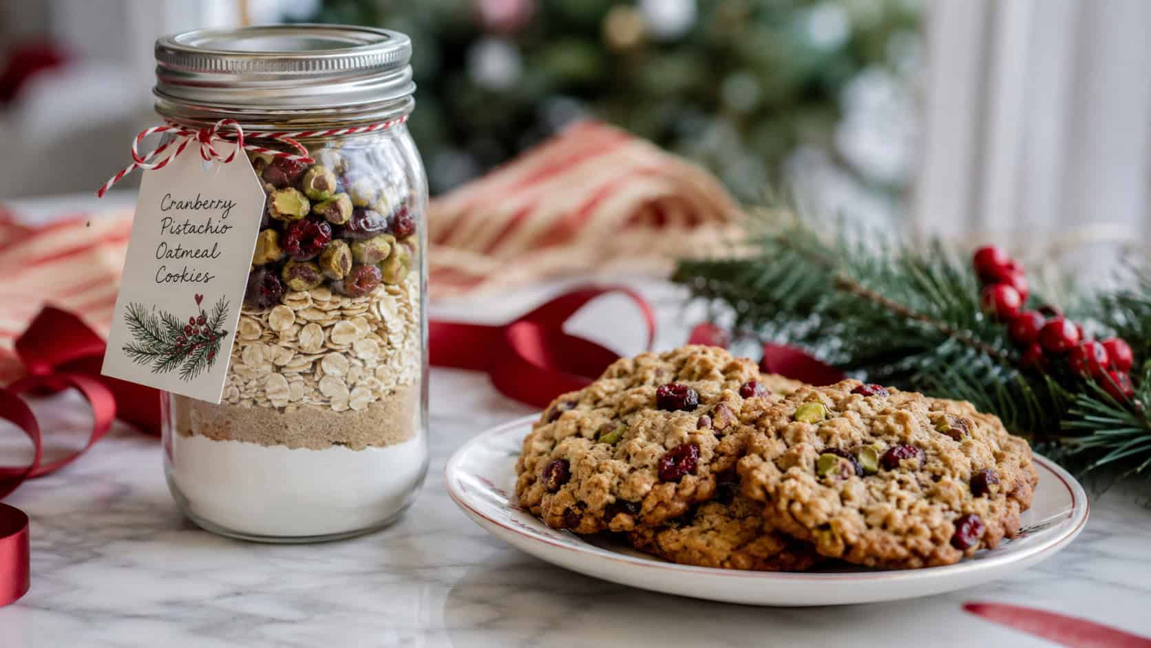 a mason jar of red-and-green oatmeal cookie mix beside baked cranberry pistachio cookies in a wide horizontal shot, on a marble counter with holiday greenery and ribbon, natural light, shallow depth of field, landscape orientation
