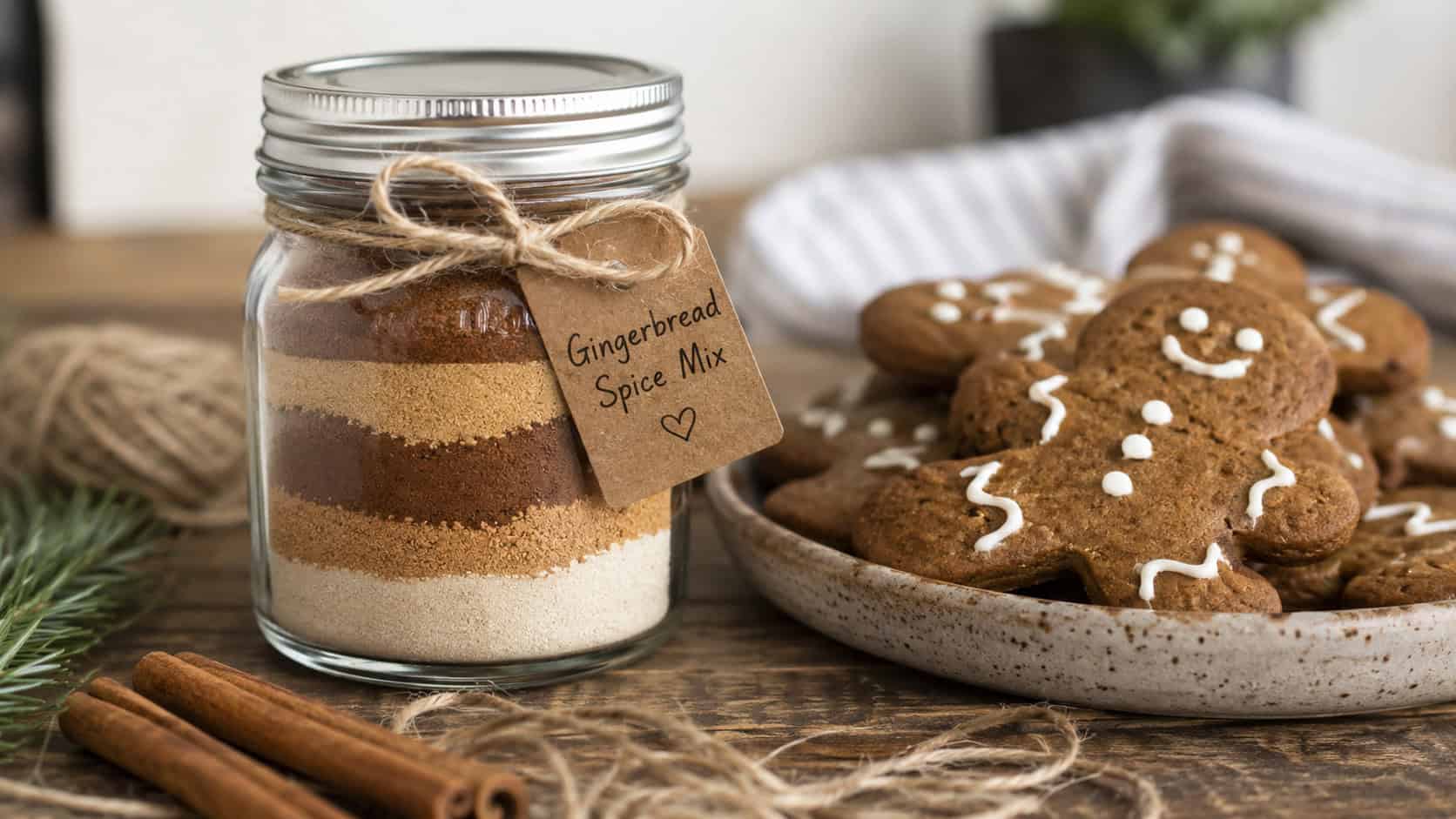 a mason jar of layered gingerbread spice mix beside soft baked gingerbread cookies in a wide horizontal shot, on a rustic table with cinnamon sticks and twine, natural light, shallow depth of field, landscape orientation