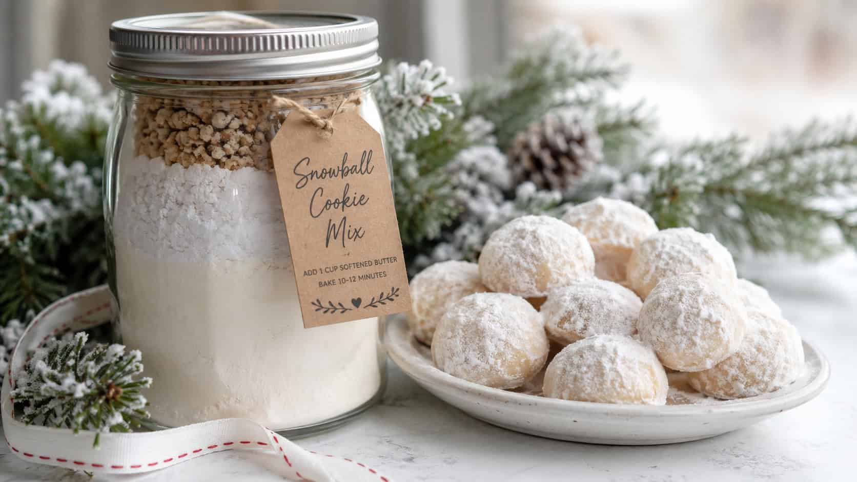 a mason jar of snowball cookie mix beside powdery cinnamon-sugar coated cookies in a wide horizontal shot, on a white surface with snowy pine branches and ribbon, natural light, shallow depth of field, landscape orientation