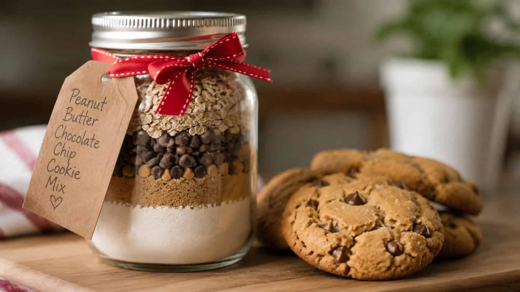 a mason jar of peanut butter chocolate chip cookie mix beside chewy baked cookies in a wide horizontal shot, on a wooden board with a kraft tag and red ribbon, natural light, shallow depth of field, landscape orientation
