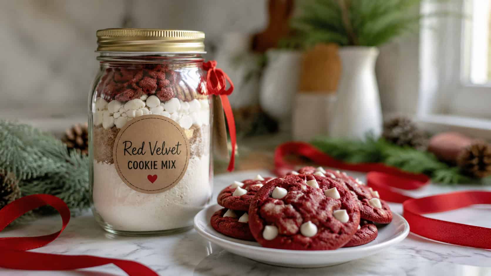 a mason jar of red velvet cookie mix beside soft red cookies studded with white chips in a wide horizontal shot, on a marble counter with festive ribbon and greenery, natural light, shallow depth of field, landscape orientation