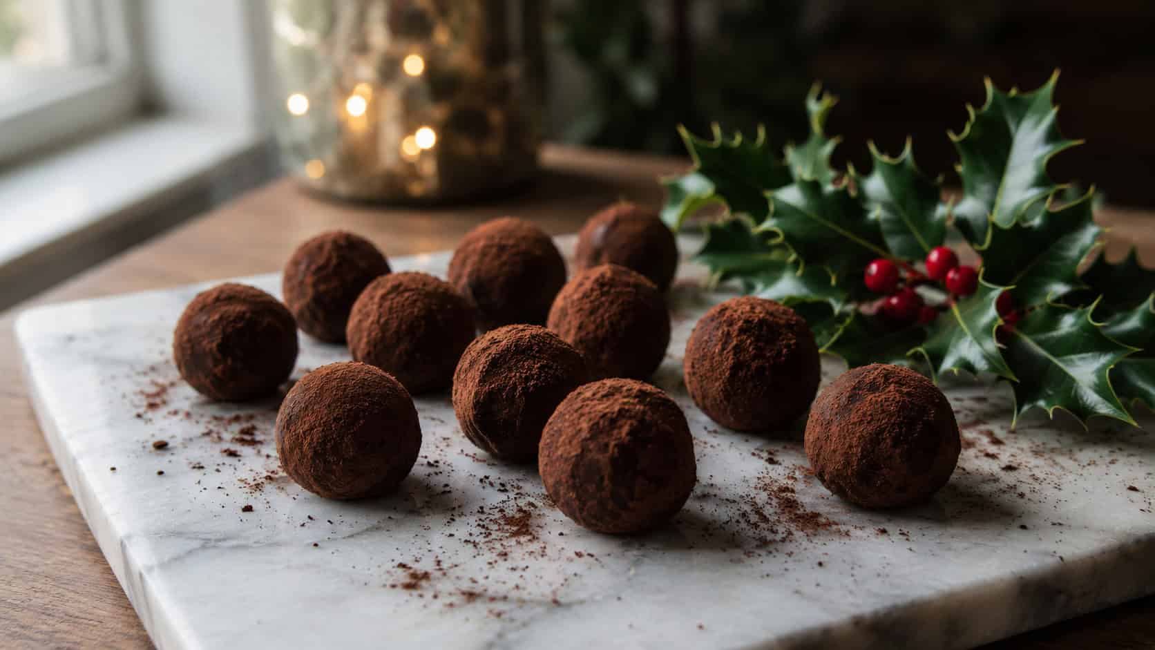 a wide horizontal arrangement of dark chocolate truffles dusted in cocoa powder on a white marble board, scattered cocoa and a sprig of holly nearby, natural window light, shallow depth of field, landscape orientation