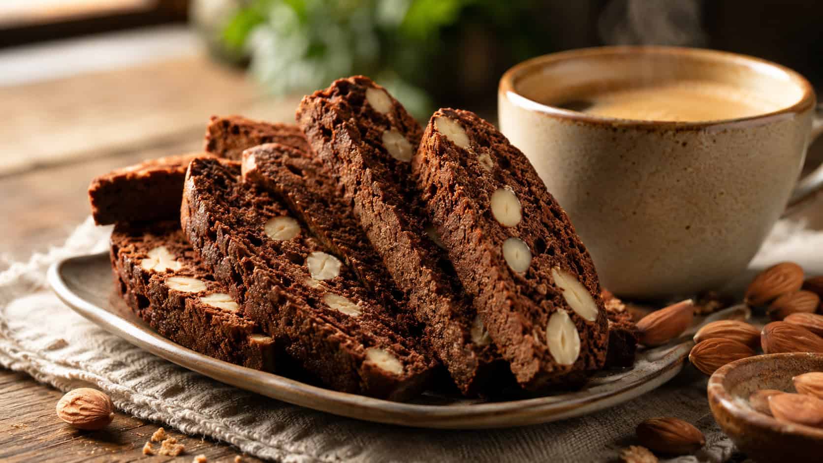 crisp chocolate almond biscotti stacked and fanned wide beside a cup of coffee on a rustic table, scattered toasted almonds nearby, warm natural light, shallow depth of field, horizontal landscape composition