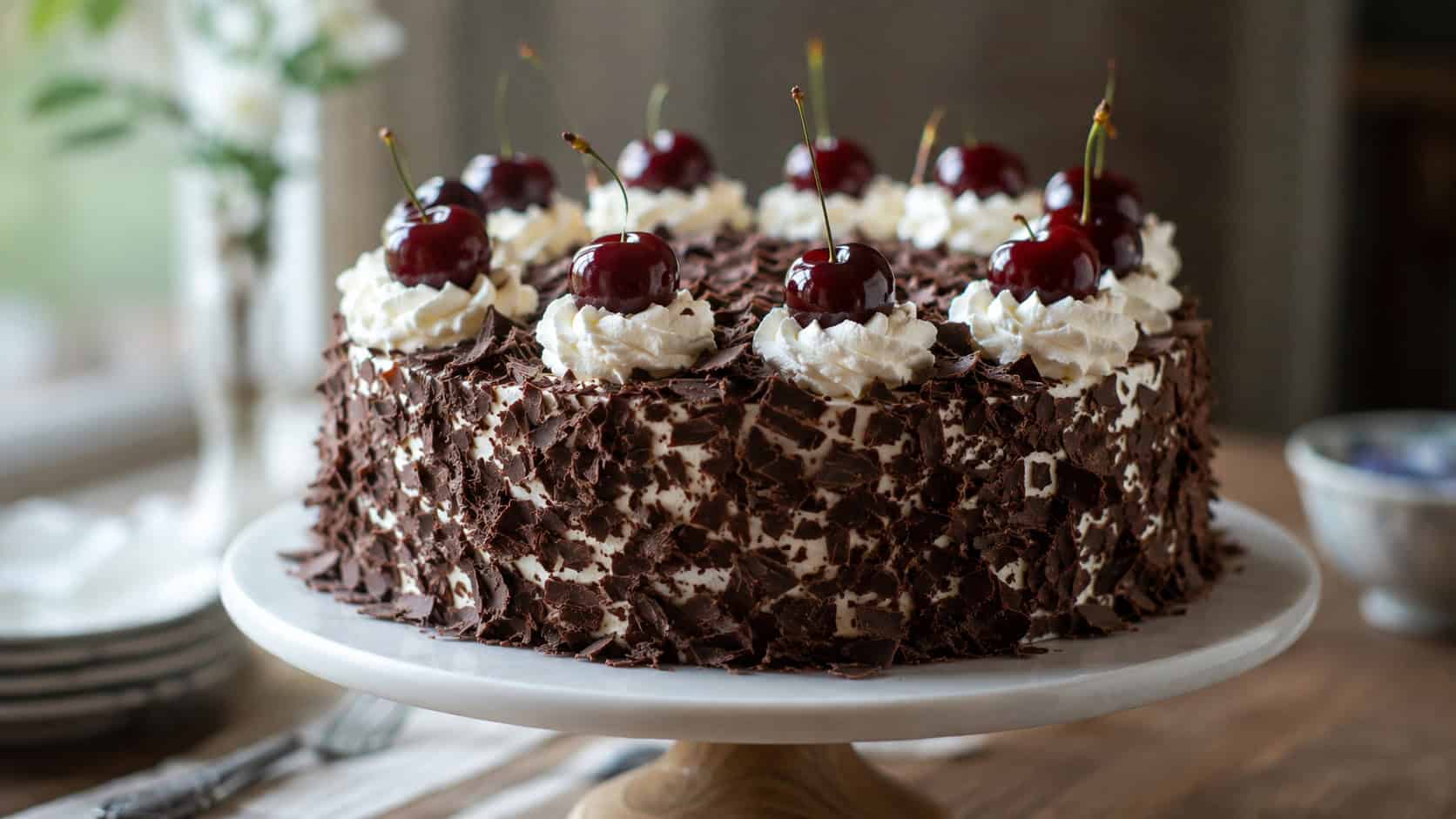 a tall Black Forest cake topped with whipped cream and glossy cherries on a cake stand shown wide across the frame, chocolate shavings cascading down, soft natural light, shallow depth of field, landscape orientation