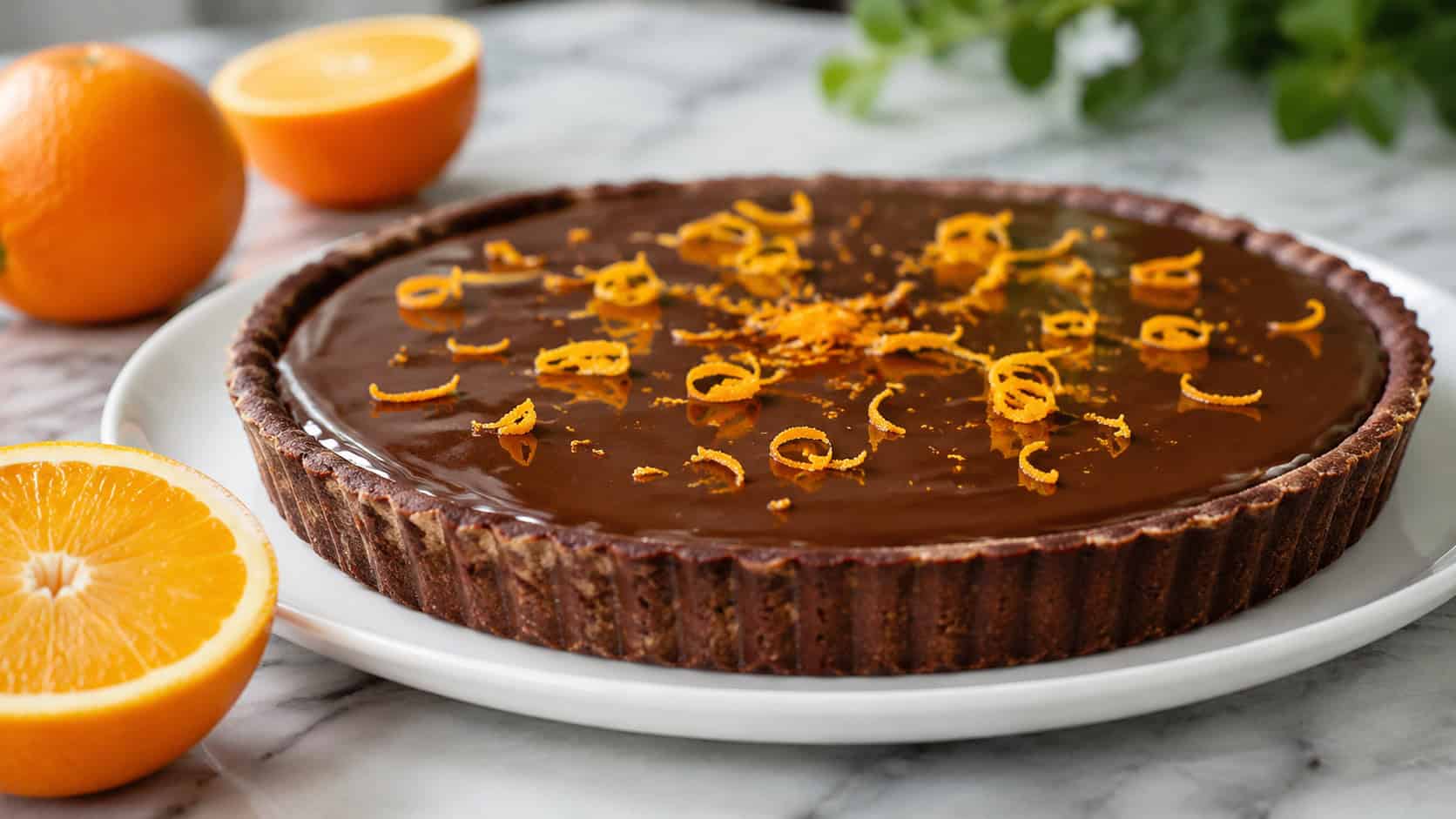 a glossy chocolate tart garnished with orange zest curls on a white platter shown wide across a marble counter, fresh orange halves nearby, bright natural light, shallow depth of field, landscape orientation
