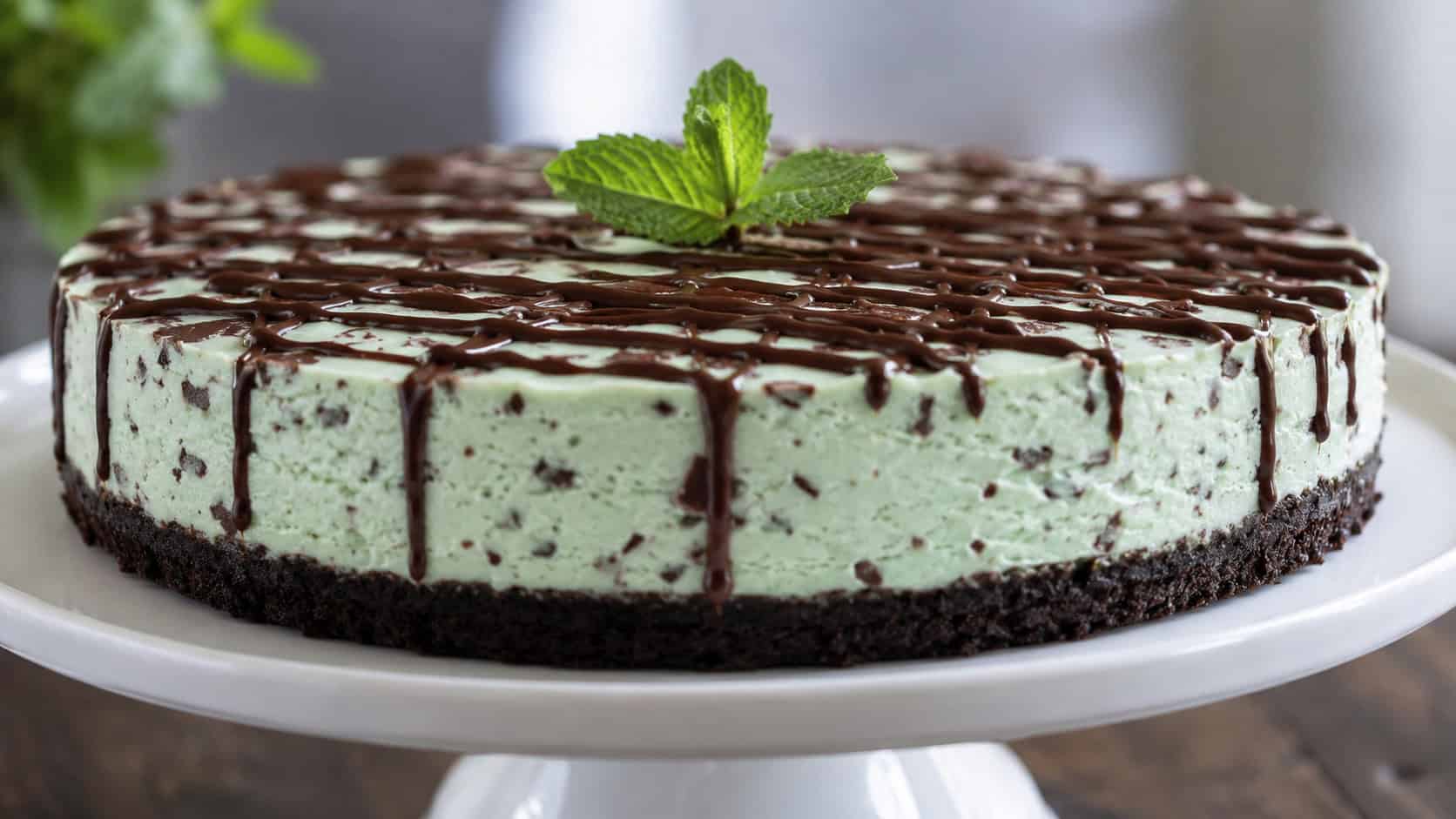 a mint chocolate cheesecake with a dark cookie crust on a white cake stand shown wide across the frame, chocolate drizzle and a mint sprig on top, soft natural light, shallow depth of field, horizontal landscape composition