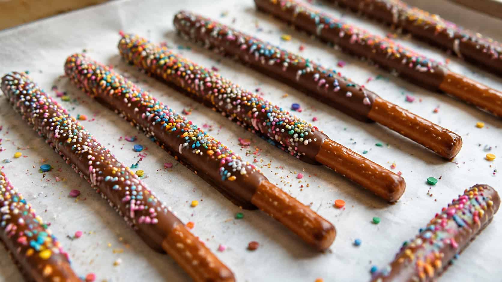 chocolate-dipped pretzel rods covered in colorful sprinkles laid out wide across a parchment-lined tray, scattered sprinkles around, bright natural light, shallow depth of field, landscape orientation