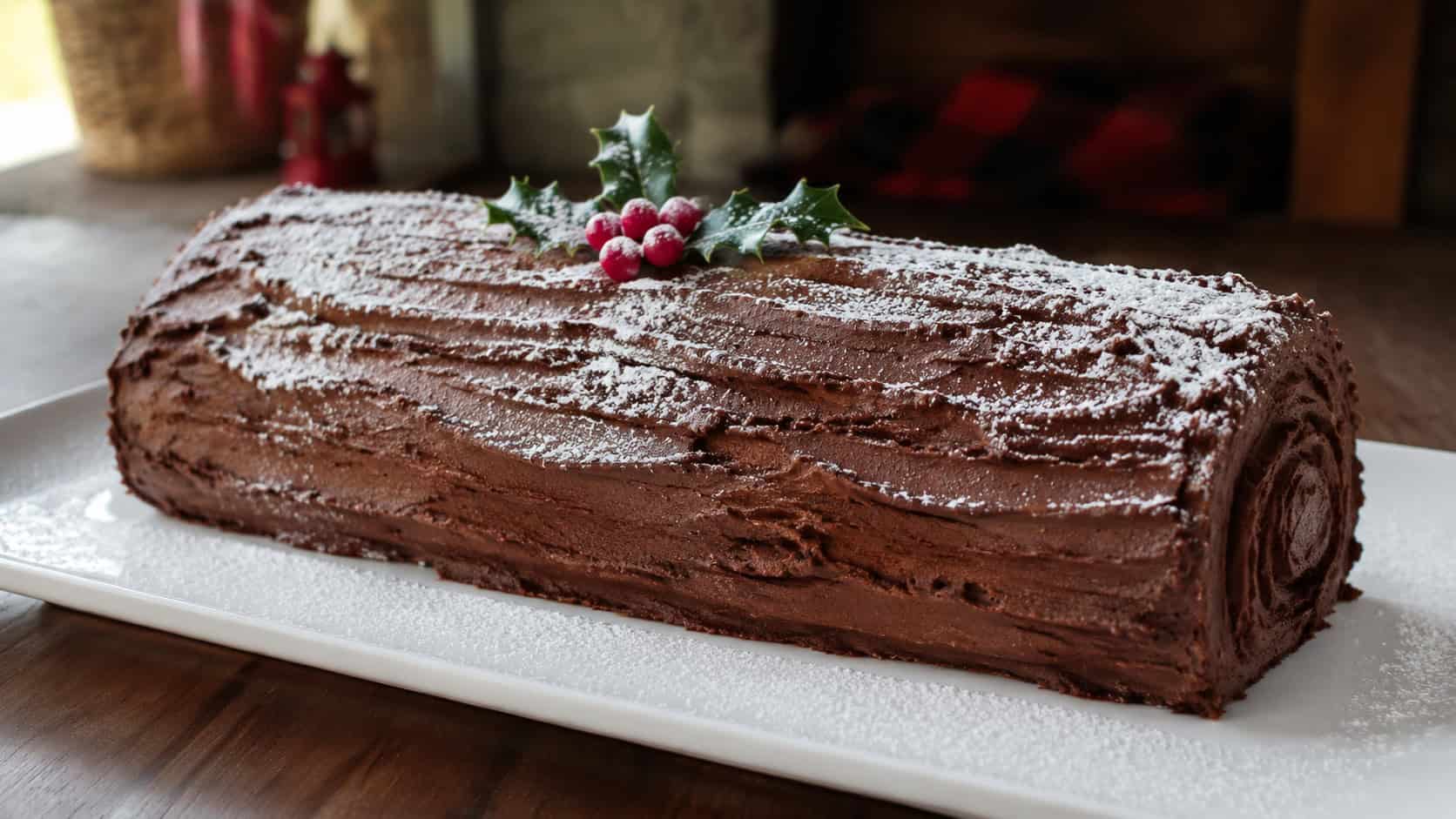 a frosted chocolate yule log on a long white platter shown wide across the frame, bark-textured frosting dusted with powdered sugar snow and a holly sprig, warm natural light, shallow depth of field, landscape orientation