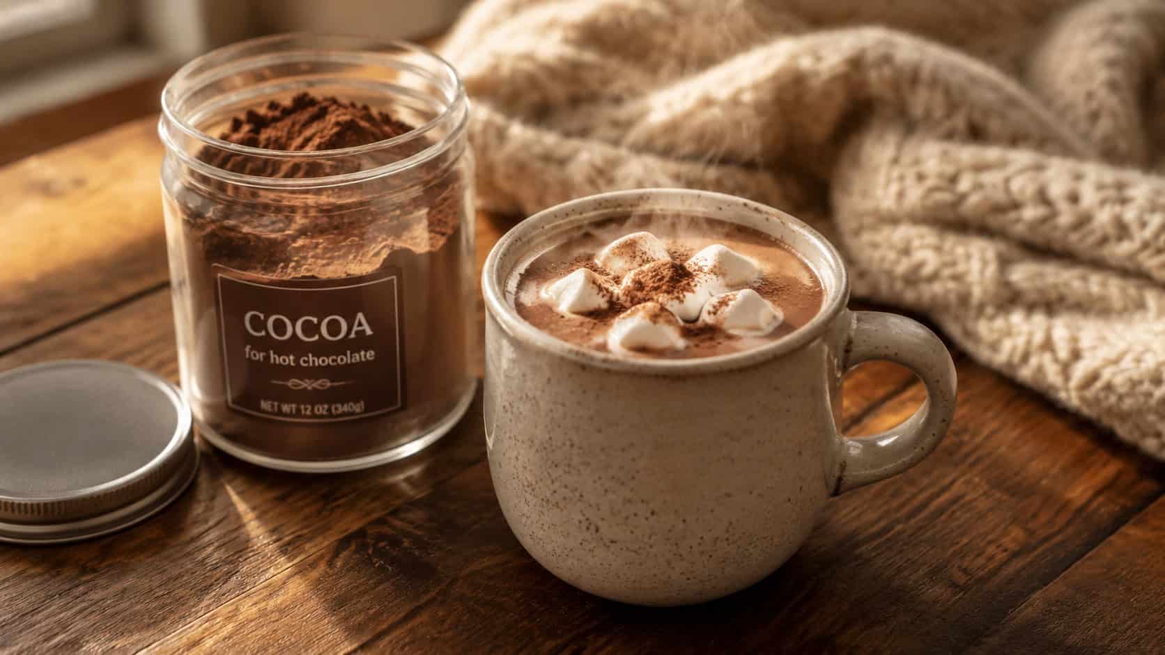 a steaming mug of thick hot chocolate topped with marshmallows beside an open jar of cocoa mix, shown wide on a cozy wooden table with a knit blanket, warm natural light, shallow depth of field, horizontal landscape composition
