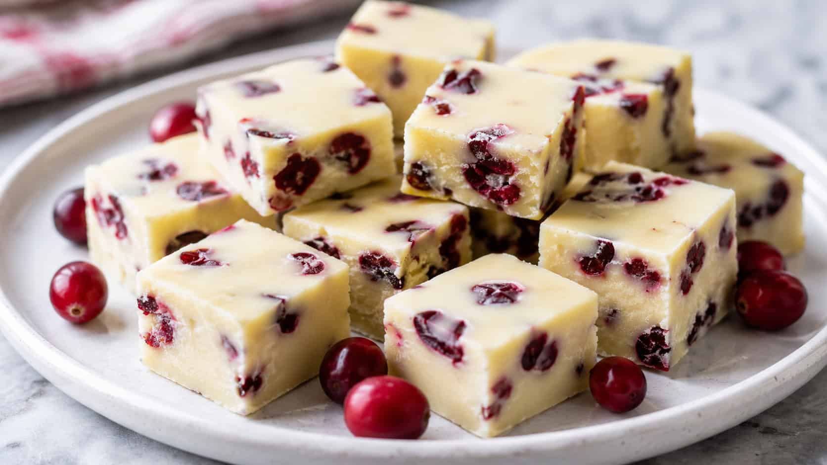squares of pale white chocolate fudge studded with red cranberries arranged wide on a white ceramic plate, a few loose cranberries scattered around, bright natural light, shallow depth of field, landscape orientation