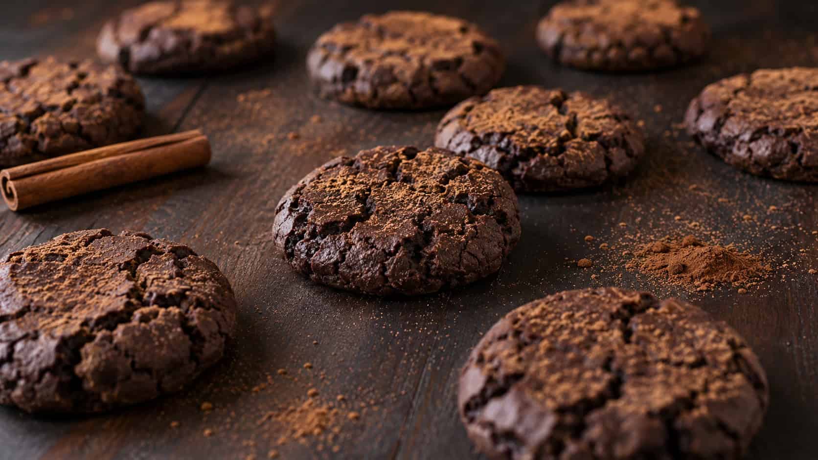 fudgy chocolate cookies dusted with cinnamon spread wide across a dark wooden surface, a cinnamon stick and a few cocoa flecks nearby, warm natural light, shallow depth of field, landscape orientation