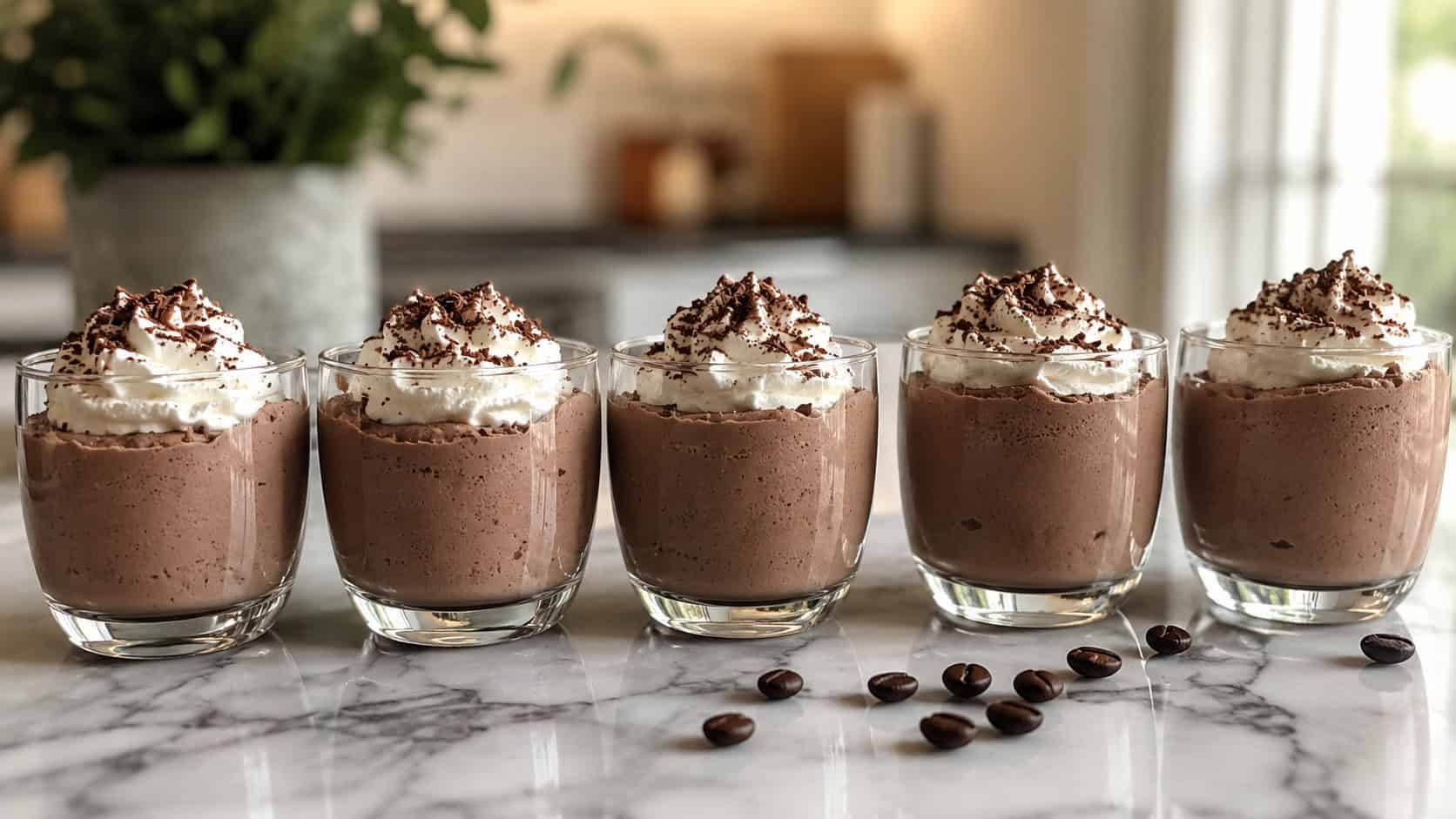 small glasses of fluffy chocolate mousse topped with whipped cream and chocolate shavings lined up wide across a marble counter, a few coffee beans scattered nearby, soft natural light, shallow depth of field, landscape orientation