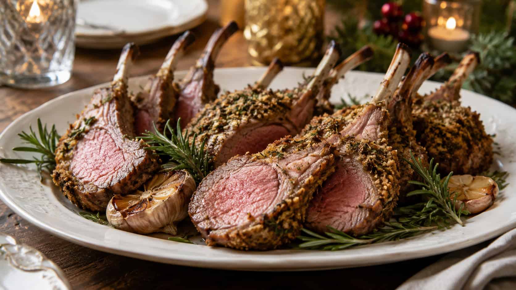 a golden rosemary breadcrumb-crusted rack of lamb sliced into elegant chops in a wide horizontal shot, arranged on a white platter with rosemary sprigs and roasted garlic on a rustic wood holiday table, natural light, shallow depth of field, landscape orientation